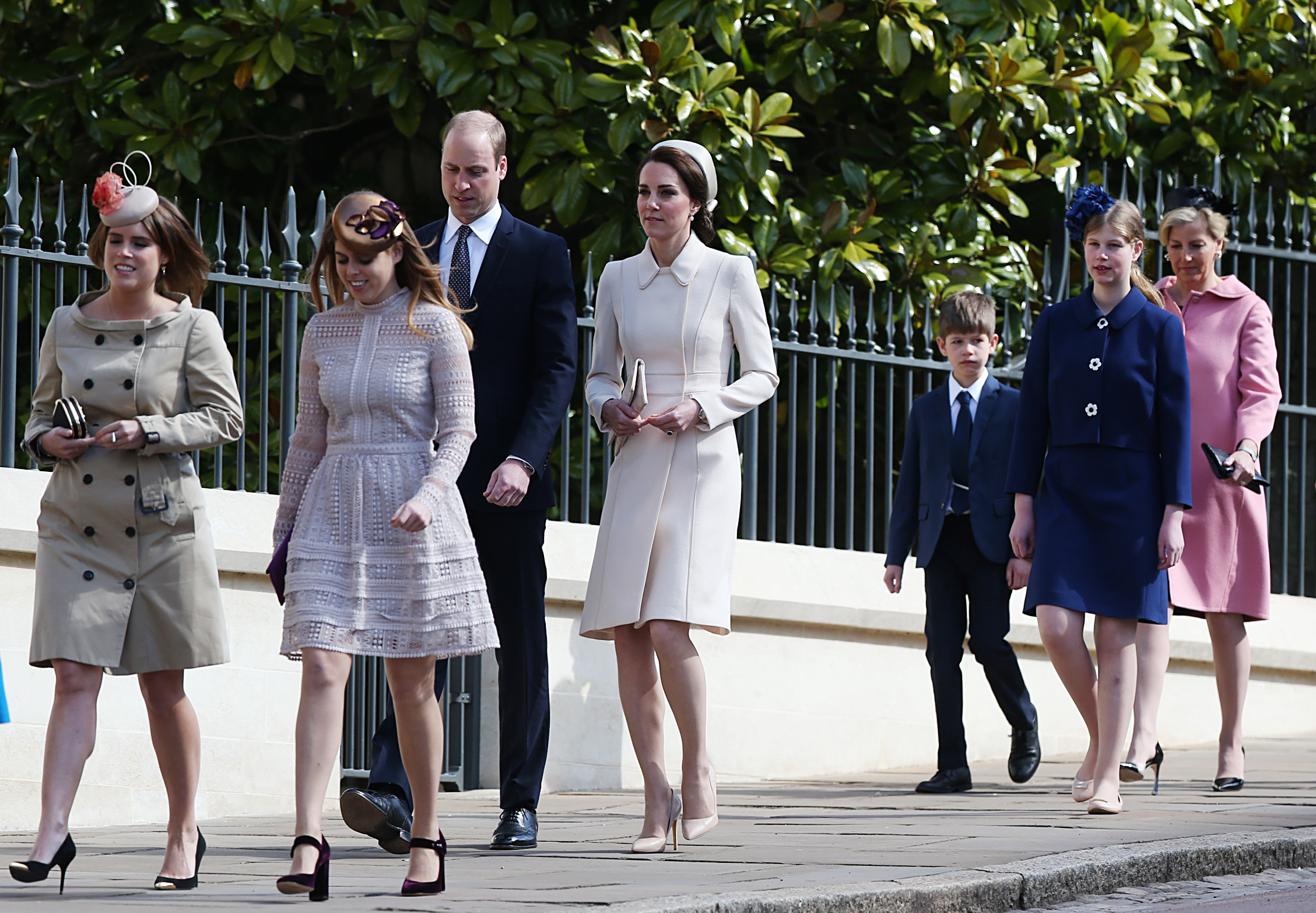 Princess Eugenie Princess Beatrice, Prince William, Princess Kate, James Wessex, Lady Louis and Duchess Sophie walking to church on Easter 2017.