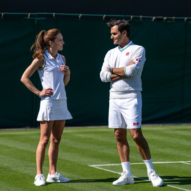 LONDON, ENGLAND - JUNE 24: In this handout images released by Kensington Palace on June 24, 2023, Catherine, Princess of Wales and Wimbledon Champion Roger Federer talk before playing tennis on No.3 Court at The All England Lawn Tennis Club, Wimbledon, on June 8, 2023 in London, England. (Photo by Handout/Thomas Lovelock - AELTC via Getty Images)