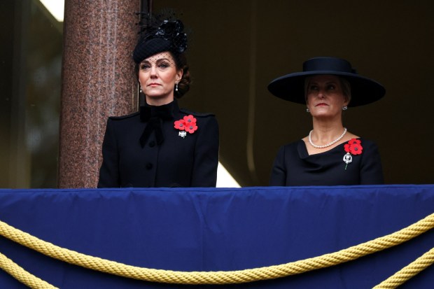 LONDON, ENGLAND - NOVEMBER 10: Britain's Catherine, Princess of Wales, and Britain's Sophie, Duchess of Edinburgh, (R) look on from a balcony as they attend the annual Remembrance Sunday ceremony at the Cenotaph on Whitehall on November 10, 2024 in London, England. Each year members of the British Royal Family join politicians, veterans and members of the public to remember those who have died in combat. (Photo by Toby Melville - WPA Pool/Getty Images)