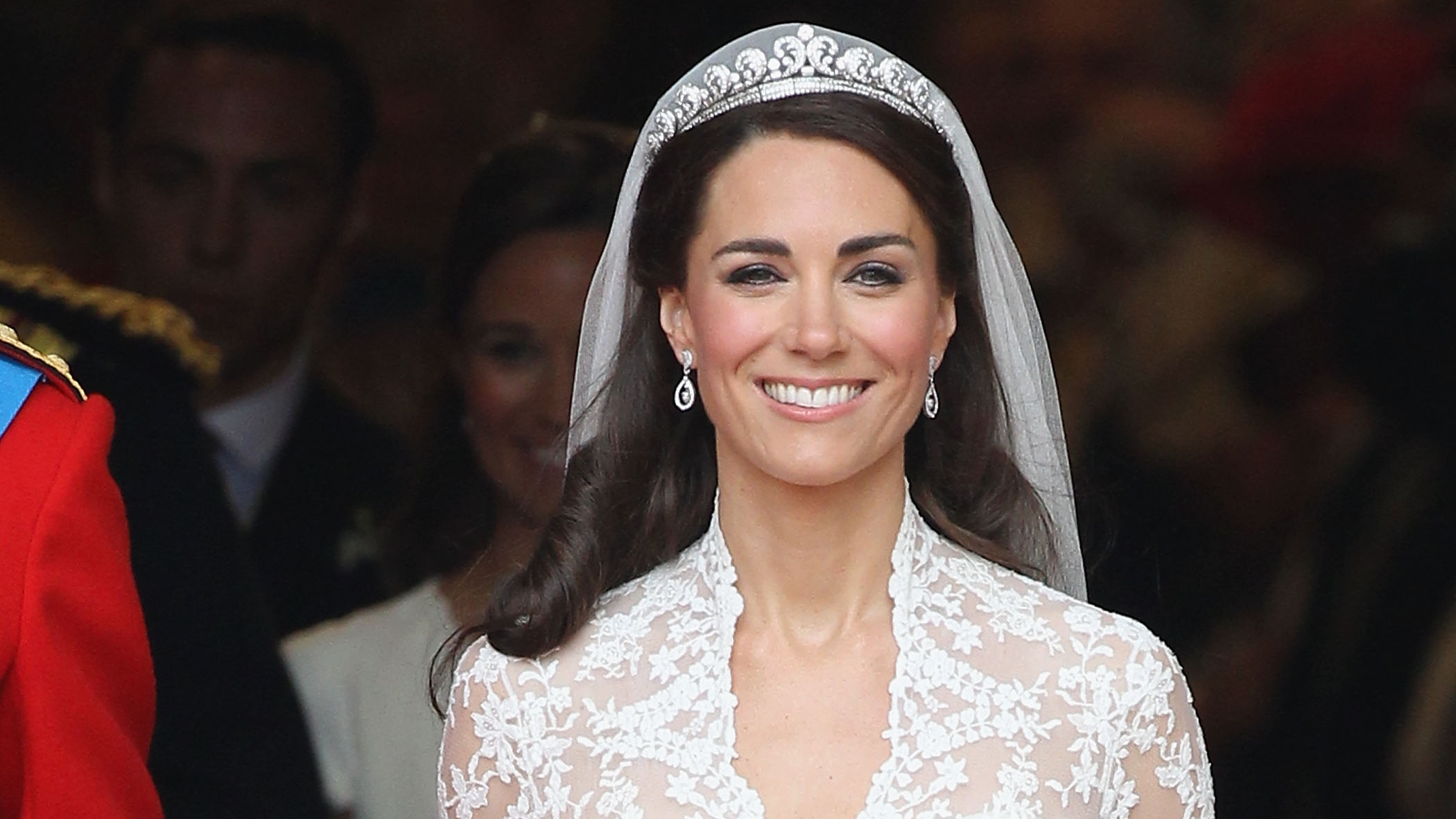 Catherine, Princess of Wales smiles as she leaves Westminster Abbey following her marriage to Prince William on April 29, 2011