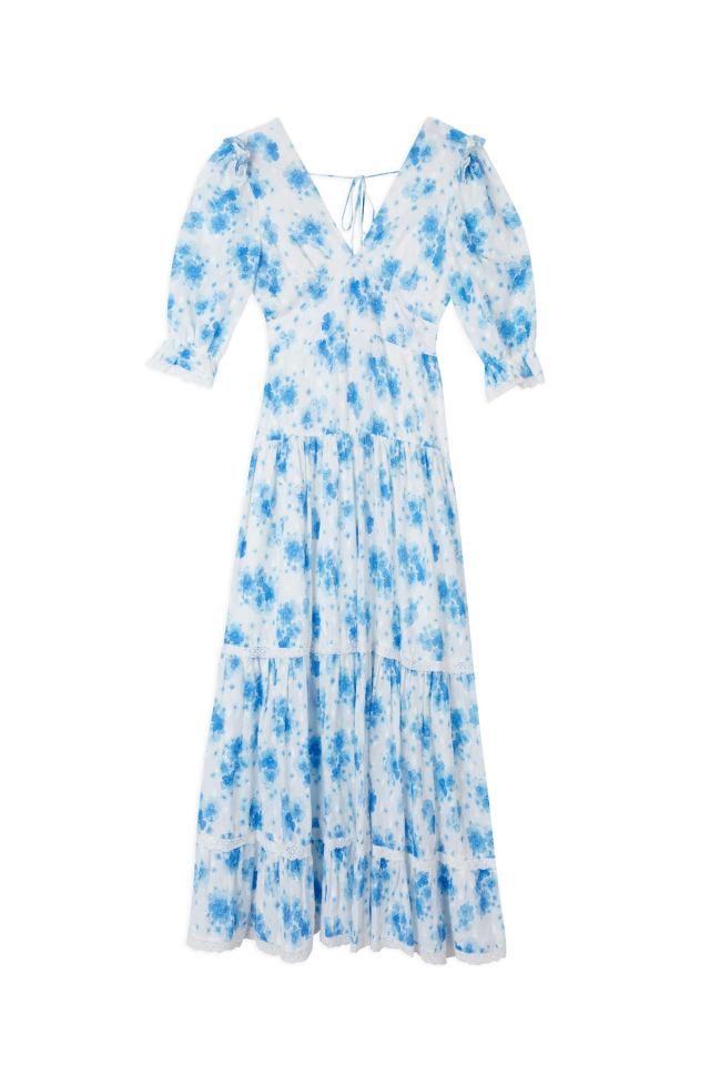 Blue floral midi dress with puff sleeves and lace trim.