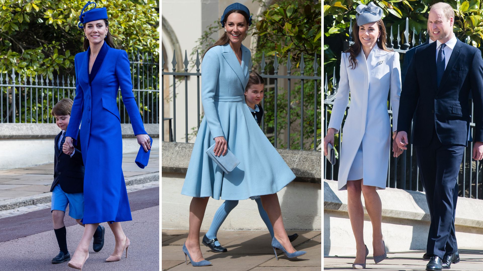 Composite of three pictures of Kate Middleton wearing different blue outfits to the Easter Sunday service in 2023, 2022 and 2019
