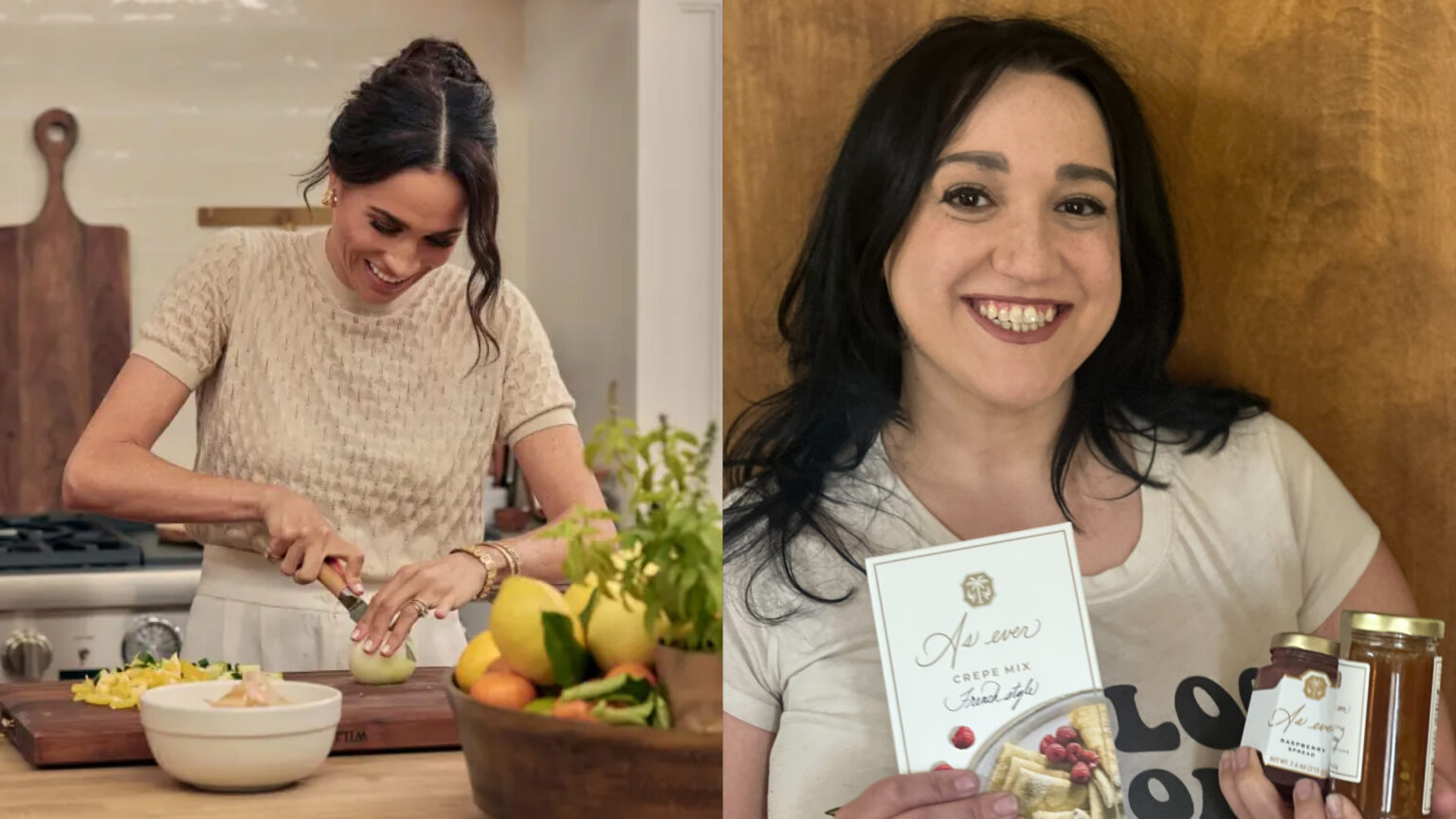 Meghan Markle chopping up food on With Love, Meghan next to a photo of a woman holding up As ever products and smiling