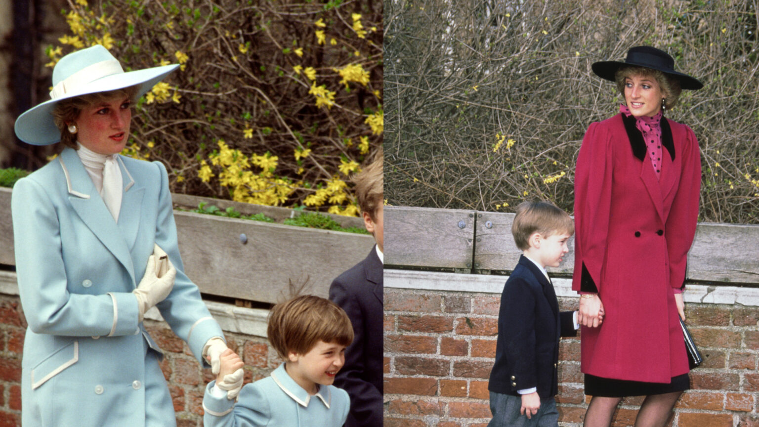 Princess Diana wearing a blue coat walking with Prince William next to a photo of her in a red coat and black hat holding hands with William