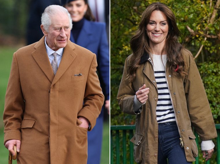 (COMBO) This combination of file pictures created on March 23, 2024 shows (R) Britain's Catherine, Princess of Wales during a visit to "Dadvengers", a community for dads and their children, in north London on November 1, 2023 and Britain's King Charles III during the Royal Family's traditional Christmas Day service at St Mary Magdalene Church in Sandringham on December 25, 2023. Catherine, Princess of Wales's announcement om March 22, 2024 that she has cancer and is in the early stages of chemotherapy comes just weeks after King Charles III revealed his own cancer diagnosis. (Photo by Yui Mok and Adrian DENNIS / various sources / AFP) (Photo by YUI MOKADRIAN DENNIS/POOL/AFP/AFP via Getty Images)