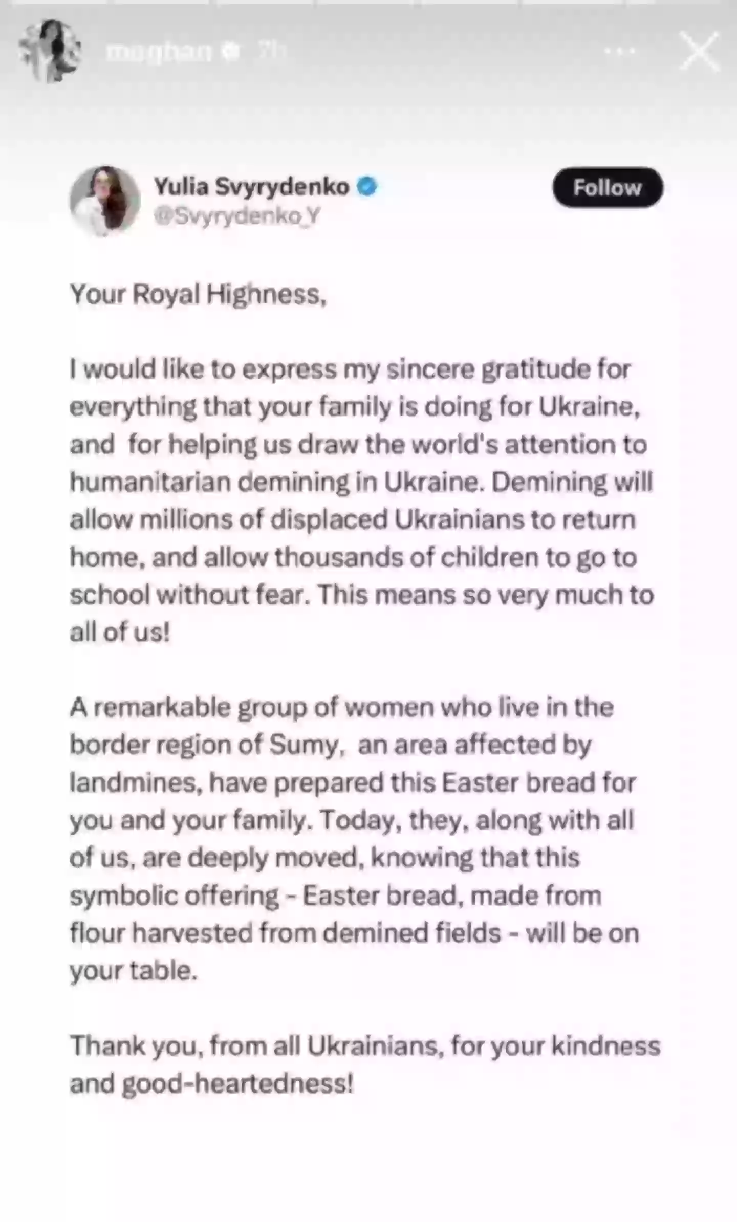 The Ukrainian referred to Meghan as 'Your Royal Highness' (Instagram/@meghan)