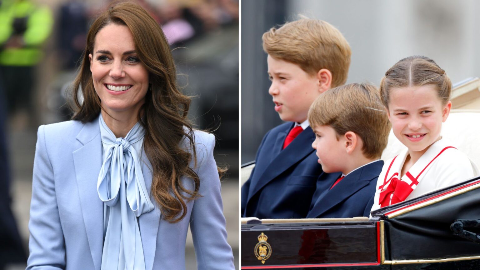 The indulgent dinner the Wales kids make for Kate Middleton Composite of a picture of Kate Middleton in Carrickfergus on October 06, 2022 and Prince George, Charlotte and Louis riding in a carriage at Trooping the Colour 2023