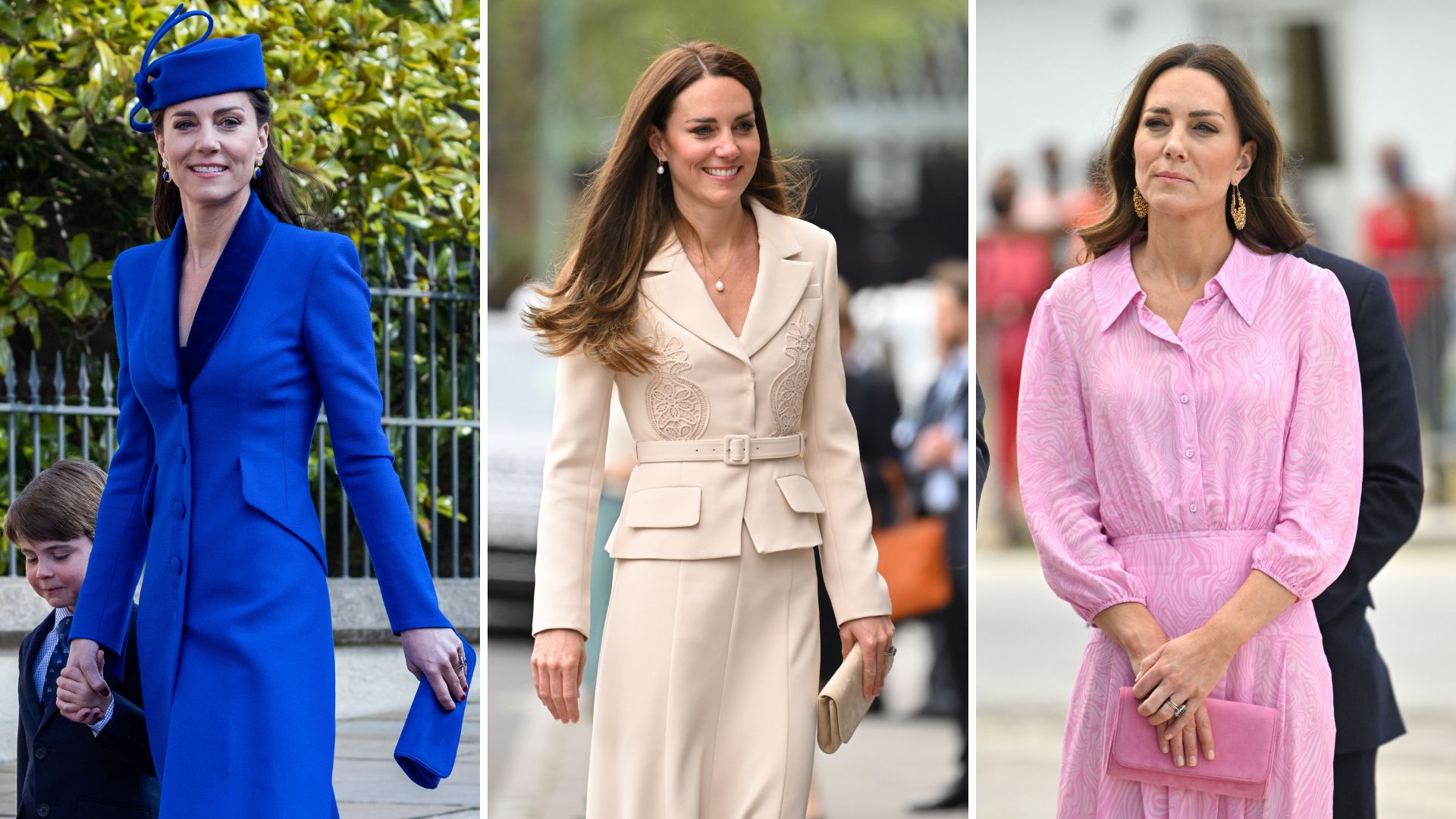 Composite of three pictures of Kate Middleton holding the same Emmy London clutch in different colours