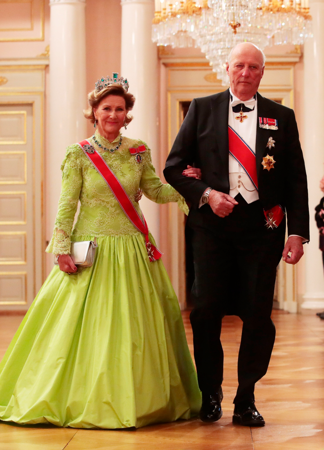 Queen Sonja and King Harald of Norway arrive for a gala dinner at the Royal Palace in Oslo, Norway on May 9, 2017 to mark the 80th Birthday of the King and Queen