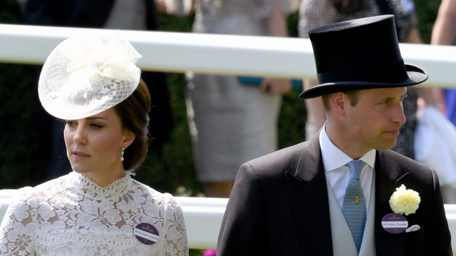 Prince William Gets Angry and Triggered by Treatment of Kate Middleton Kate Middleton wears a white lace dress and matching hat and Prince William wears a top hat and tails at Ascot