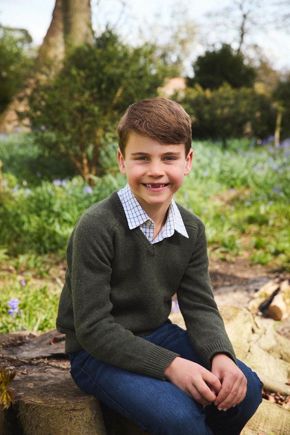A portrait of Prince Louis smiling and sitting outdoors.