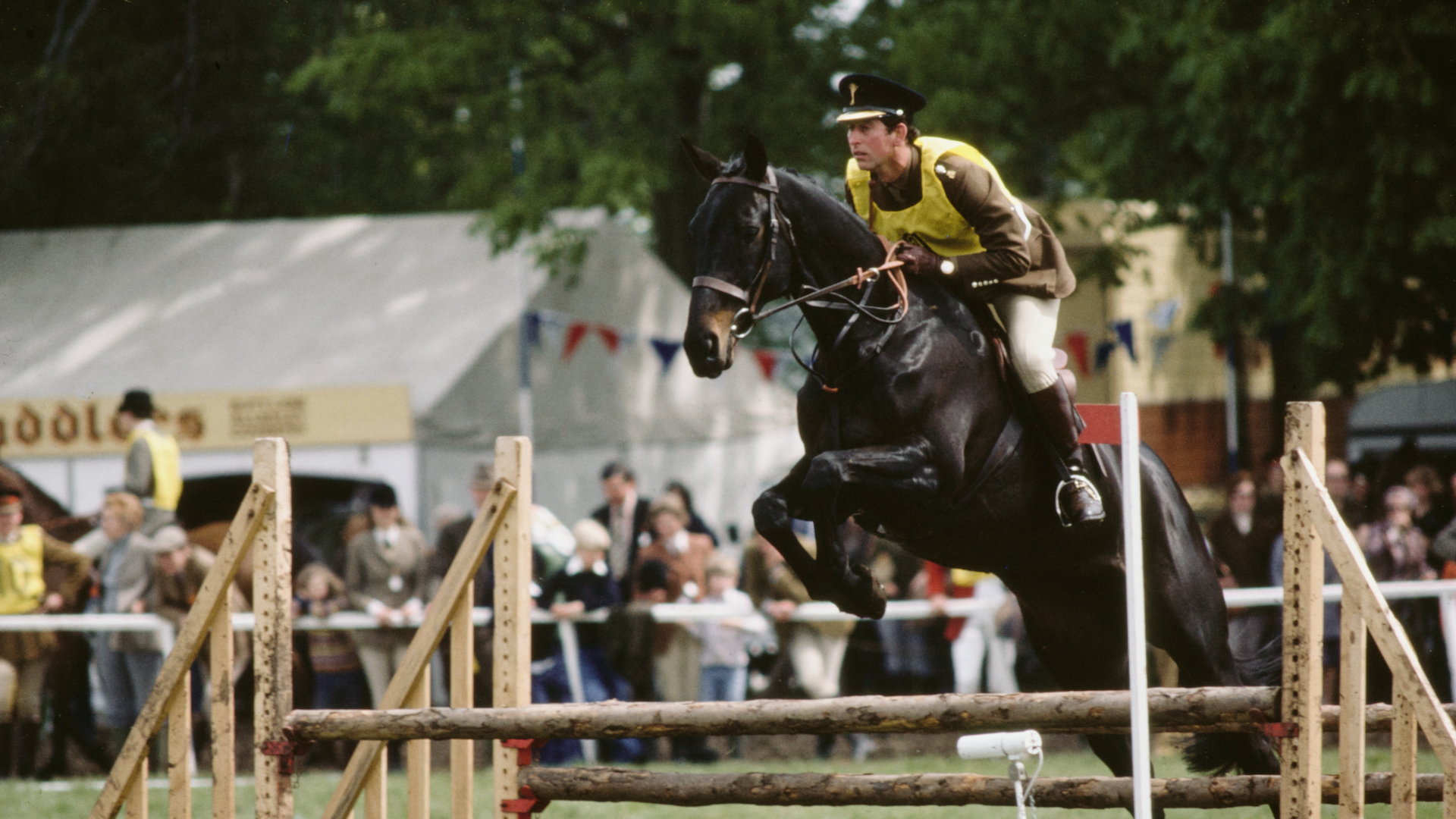 Prince Charles, the Prince of Wales showjumping on his horse Candlewick during a triathlon event at the Royal Windsor Horse Show, UK, May 1979