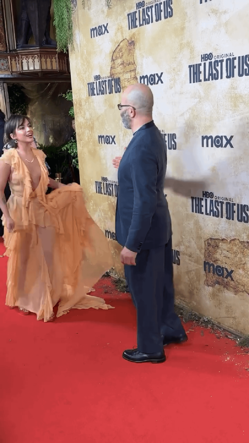 Isabela Merced in gorgeous see-thru dress with plunging neckline and gentlemanly Jeffrey Wright at the Sydney premiere of The Last Of Us in April 2025