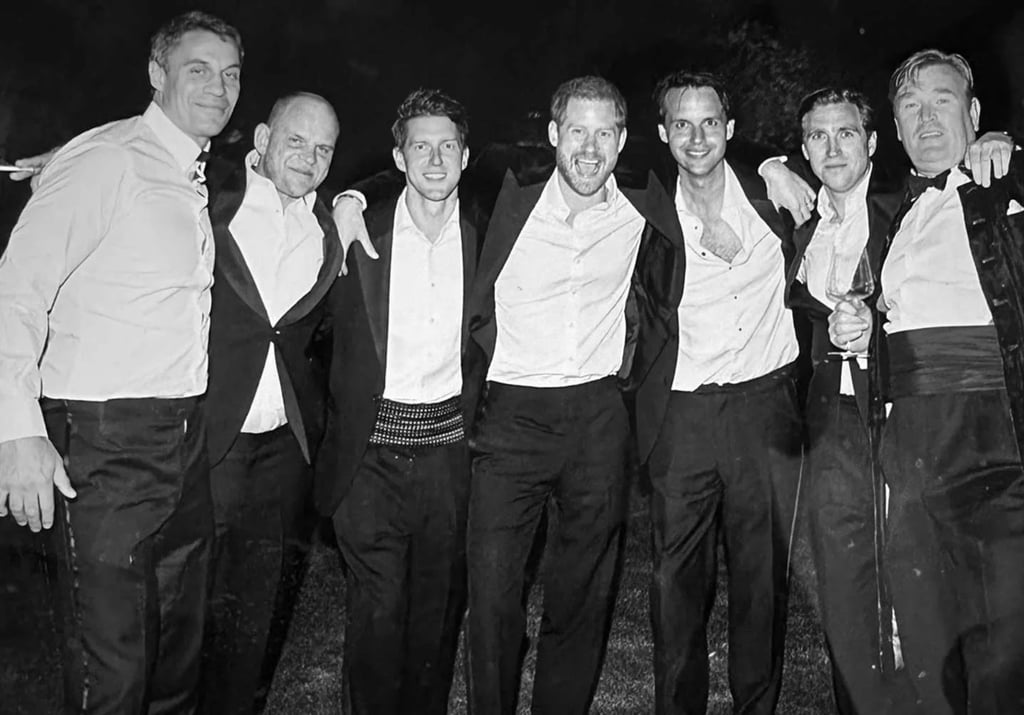 Lord Vivian (second left) and Prince Harry (centre) let their hair down after a formal event. Photo: Netflix
