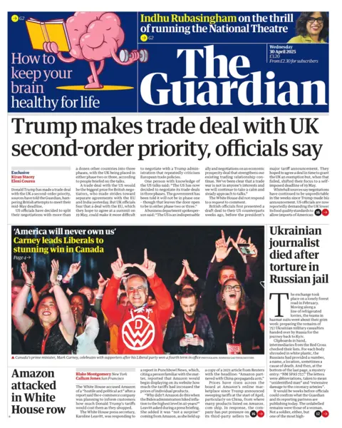 The headline on the front page of The Guardian reads "Trump makes trade deal with UK second-order priority, officials say". 