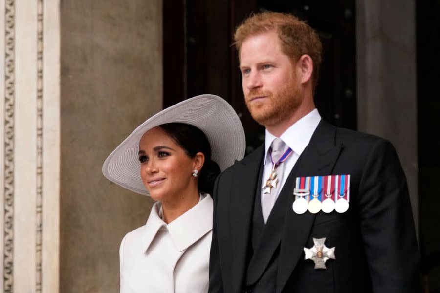 LONDON, ENGLAND – JUNE 03: Prince Harry and Meghan Markle, Duke and Duchess of Sussex leave after a service of thanksgiving for the reign of Queen Elizabeth II at St Paul’s Cathedral in London, Friday, June 3, 2022 on the second of four days of celebrations to mark the Platinum Jubilee. The events over a long holiday weekend in the U.K. are meant to celebrate the monarch’s 70 years of service. (Photo by Matt Dunham – WPA Pool/Getty Images)