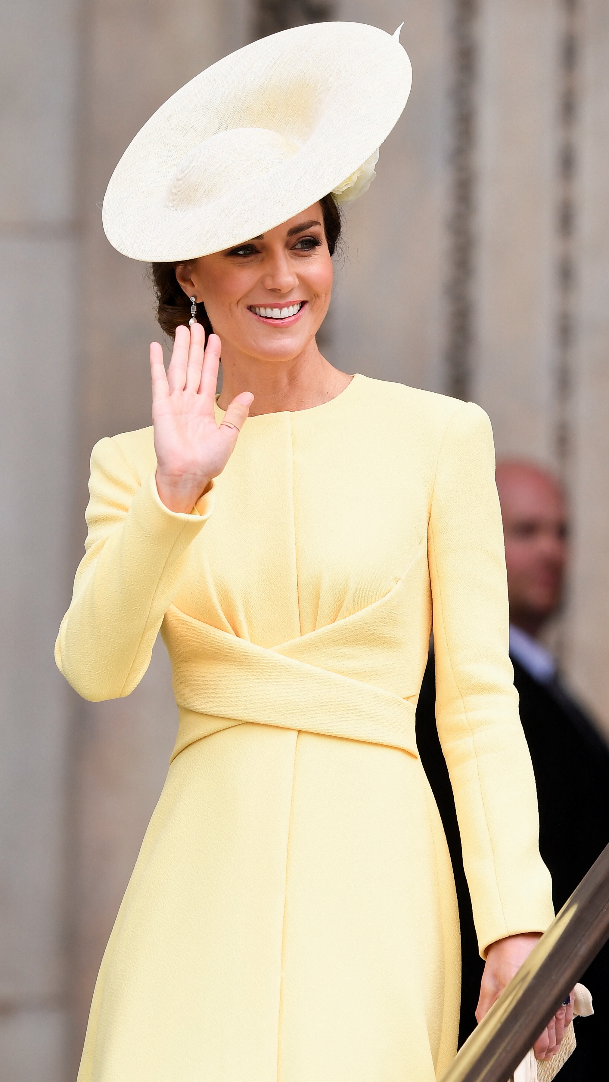 Catherine, Princess of Wales smiles and waves after attending the National Service of Thanksgiving at St Paul's Cathedral