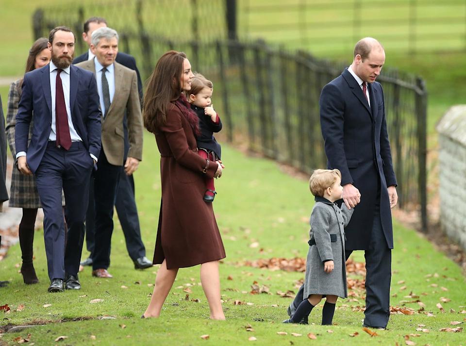 bucklebury, berkshire december 25: catherine, duchess of cambridge, prince william, duke of cambridge, prince george of cambridge, princess charlotte of cambridge, michael middleton, james middleton and pippa middleton attend church on christmas day on december 25, 2016 in bucklebury, berkshire. (photo by danny martindale/wireimage)