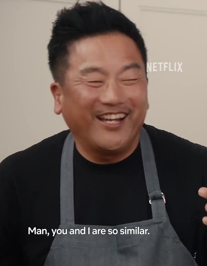 Man in apron laughing, saying "Man, you and I are so similar."