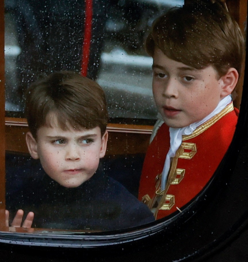 Prince Louis and Prince George of Wales departing after the Coronation ceremony.