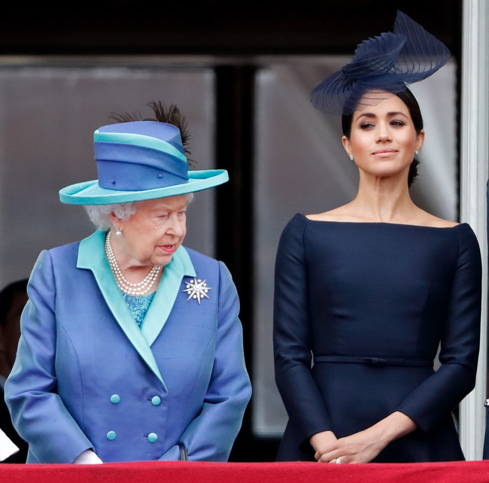 Queen Elizabeth II and Meghan, Duchess of Sussex at the RAF centenary flypast.