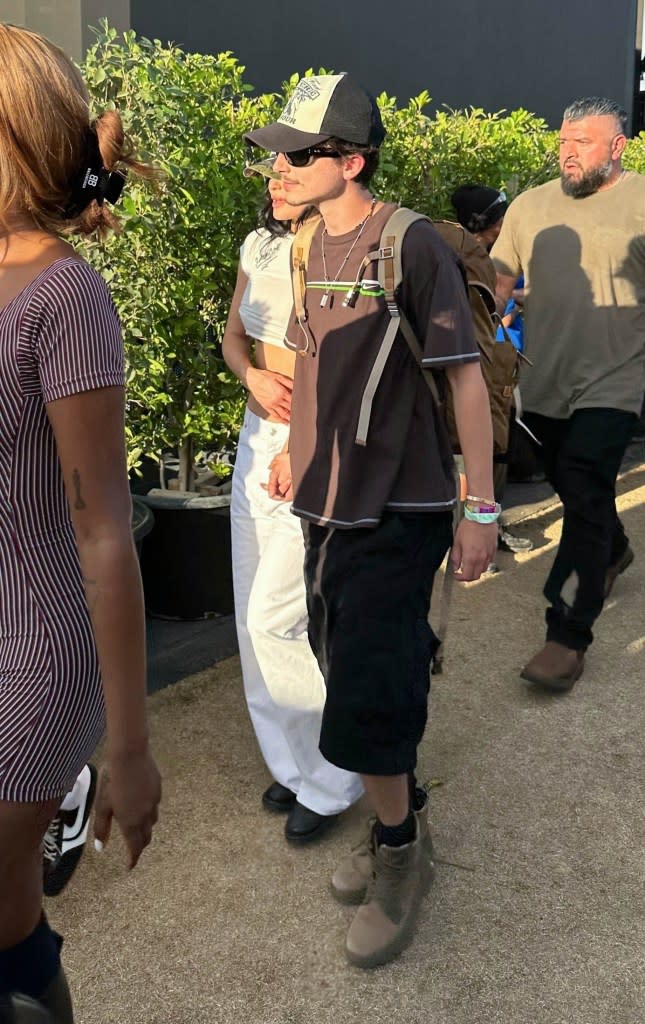 Kylie Jenner and Timothée Chalamet held hands while arriving at Coachella 2025 on Saturday. BACKGRID