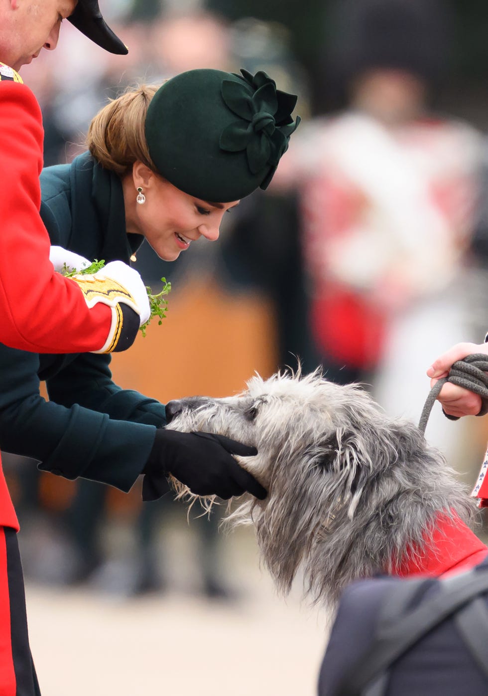 The Princess Of Wales Attends The 2025 Irish Guards' St. Patrick's Day Parade london, england march 17: catherine, princess of wales meets turlough mór, the irish wolf hound regimental mascot during the 2025 irish guards st. patricks day parade at wellington barracks on march 17, 2025 in london, england. (photo by karwai tang/wireimage)