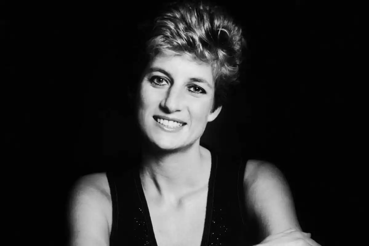 Close-up on black and white bench of Lady Di smiling