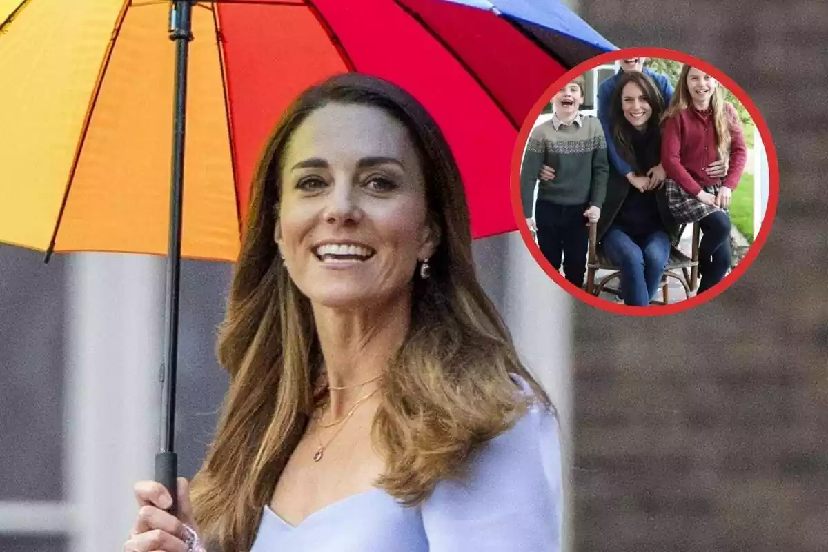 Kate Middleton with an umbrella and to her right a circle of an image of her with her children Kate Middleton with an umbrella and to her right a circle of an image of her with her children