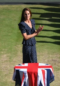 LONDON, ENGLAND - JULY 10: Catherine, Duchess of Cambridge applauds during the trophy ceremony following the Men's Singles Final match between Novak Djokovic of Serbia and Nick Kyrgios of Australia on day fourteen of The Championships Wimbledon 2022 at All England Lawn Tennis and Croquet Club on July 10, 2022 in London, England. (Photo by Shaun Botterill/Getty Images)
