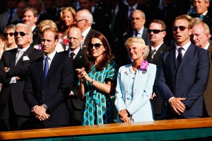 LONDON, ENGLAND - JULY 06:  Prince William Duke of Cambridge and Catherine, Duchess of Cambridge and Sir Chris Hoy in the Royal Box on Centre Court before the Gentlemen's Singles Final match between Roger Federer of Switzerland and Novak Djokovic of Serbia on day thirteen of the Wimbledon Lawn Tennis Championships at the All England Lawn Tennis and Croquet Club on July 6, 2014 in London, England.  (Photo by Pool/Getty Images)