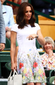 LONDON, ENGLAND - JULY 16:  Catherine, Duchess of Cambridge looks on from the centre court royal box prior to the Gentlemen's Singles final between Roger Federer of Switzerland and Marin Cilic of Croatia on day thirteen of the Wimbledon Lawn Tennis Championships at the All England Lawn Tennis and Croquet Club at Wimbledon on July 16, 2017 in London, England.  (Photo by Clive Brunskill/Getty Images)