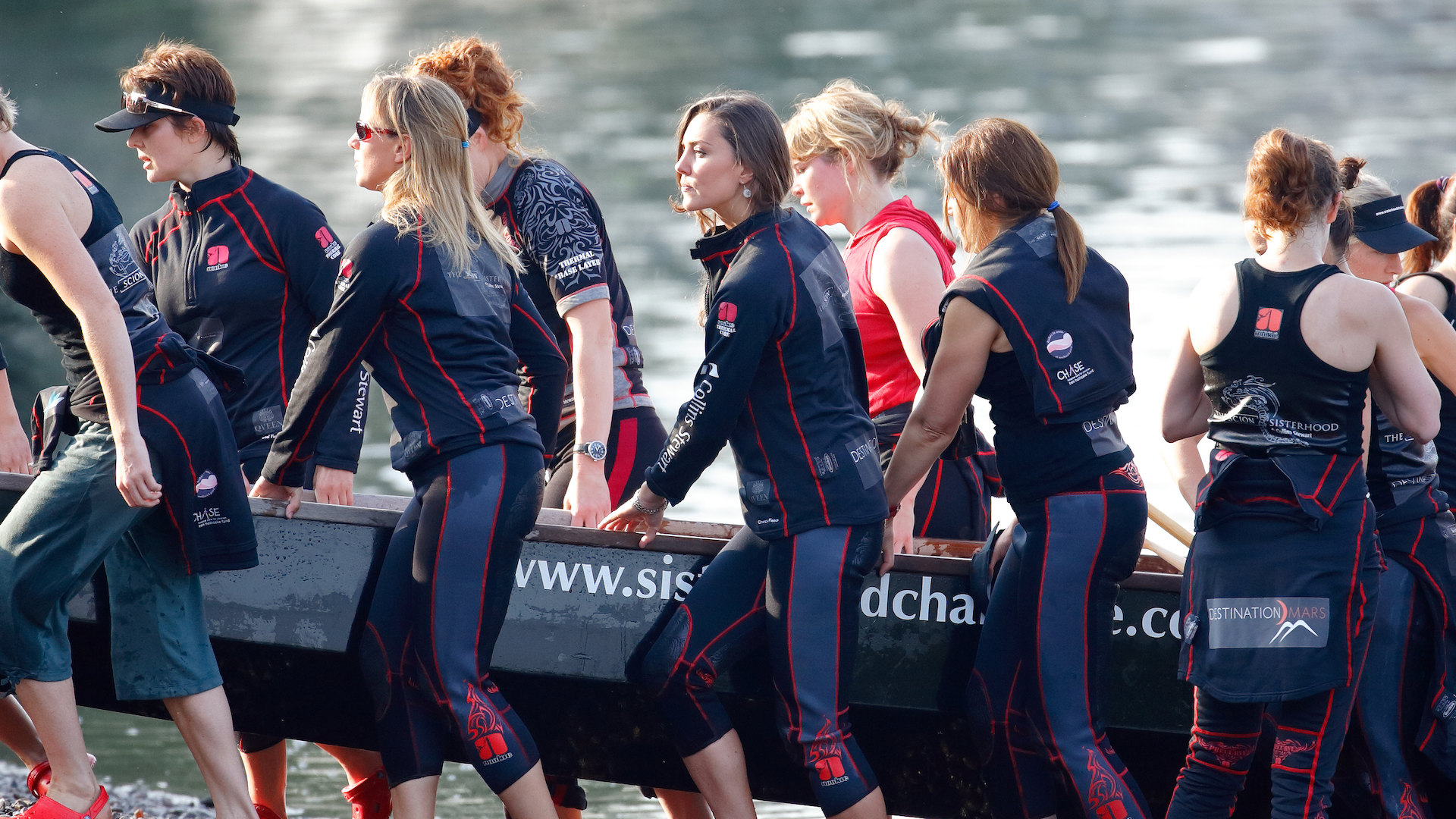 Kate Middleton (c) takes part in a training session with The Sisterhood cross channel rowing team on the River Thames on August 01, 2007 in London, England