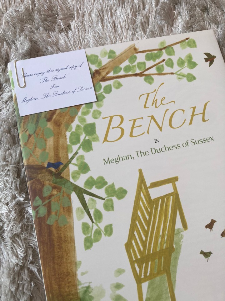 Signed copy of Meghan Markle's *The Bench* with a personalized note.