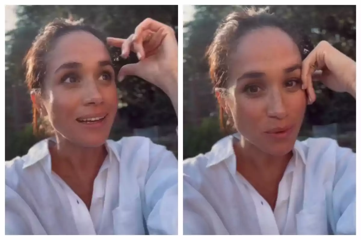 Photo montage of Meghan Markle dressed in a white jersey outdoors, with the sun illuminating her face, in two different poses.