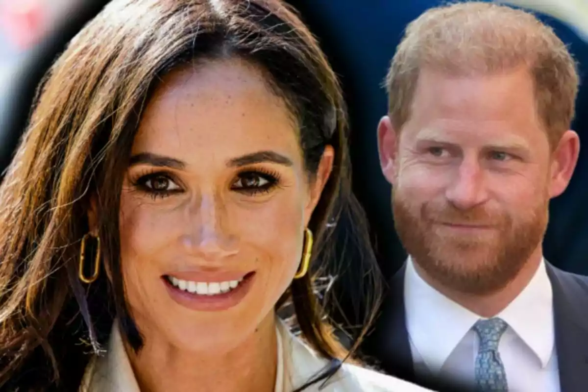 Close-up photo montage of a smiling Meghan Markle, with a background image of Prince Harry looking serious.
