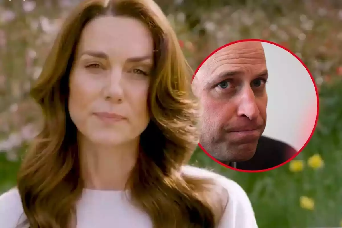 Montage of photos of Kate Middleton in close-up during her statement about her cancer and a circular image of Prince William Montage of photos of Kate Middleton in close-up during her statement about her cancer and a circular image of Prince William