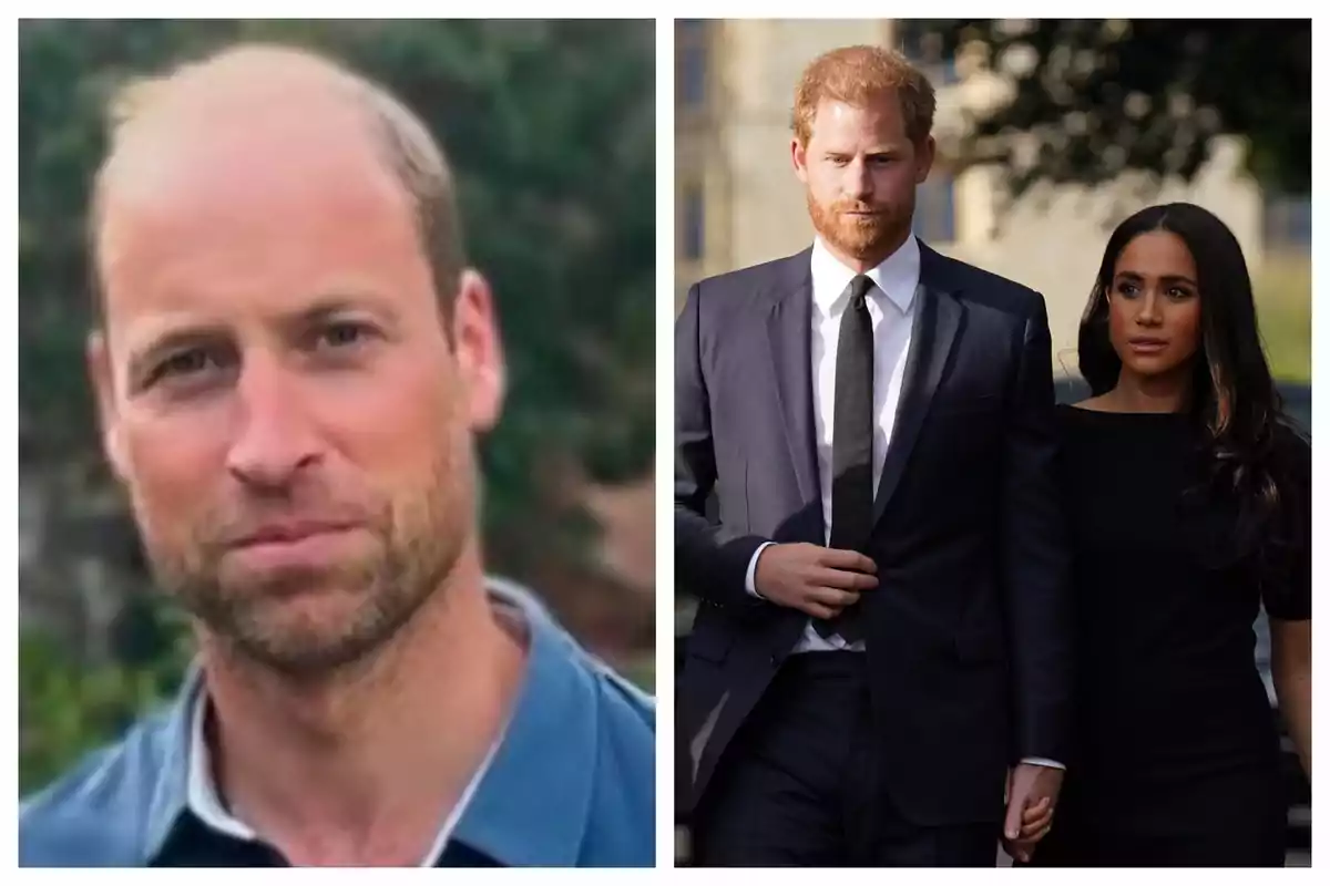 Close-up photo montage of Prince William, Meghan Markle, and Prince Harry, all with neutral expressions. Close-up photo montage of Prince William, Meghan Markle, and Prince Harry, all with neutral expressions.