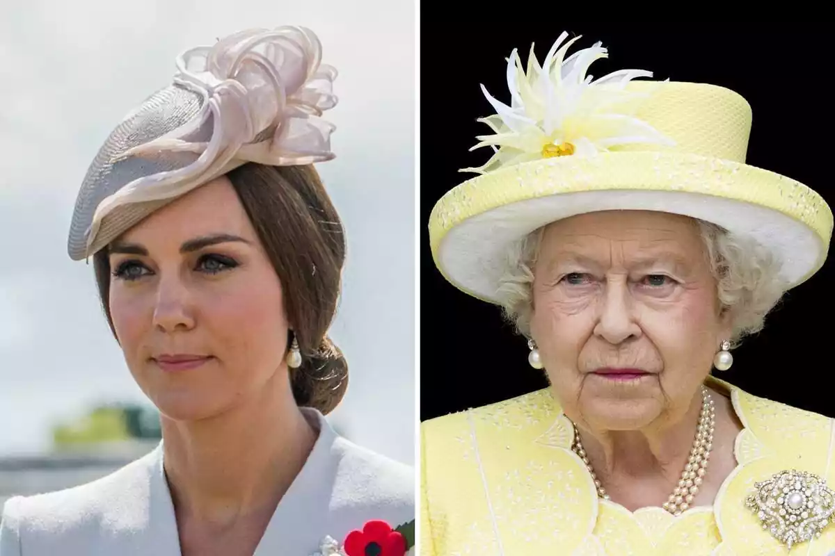 Montage of Kate Middleton in a beige headdress and Queen Elizabeth dressed in yellow Montage of Kate Middleton in a beige headdress and Queen Elizabeth dressed in yellow