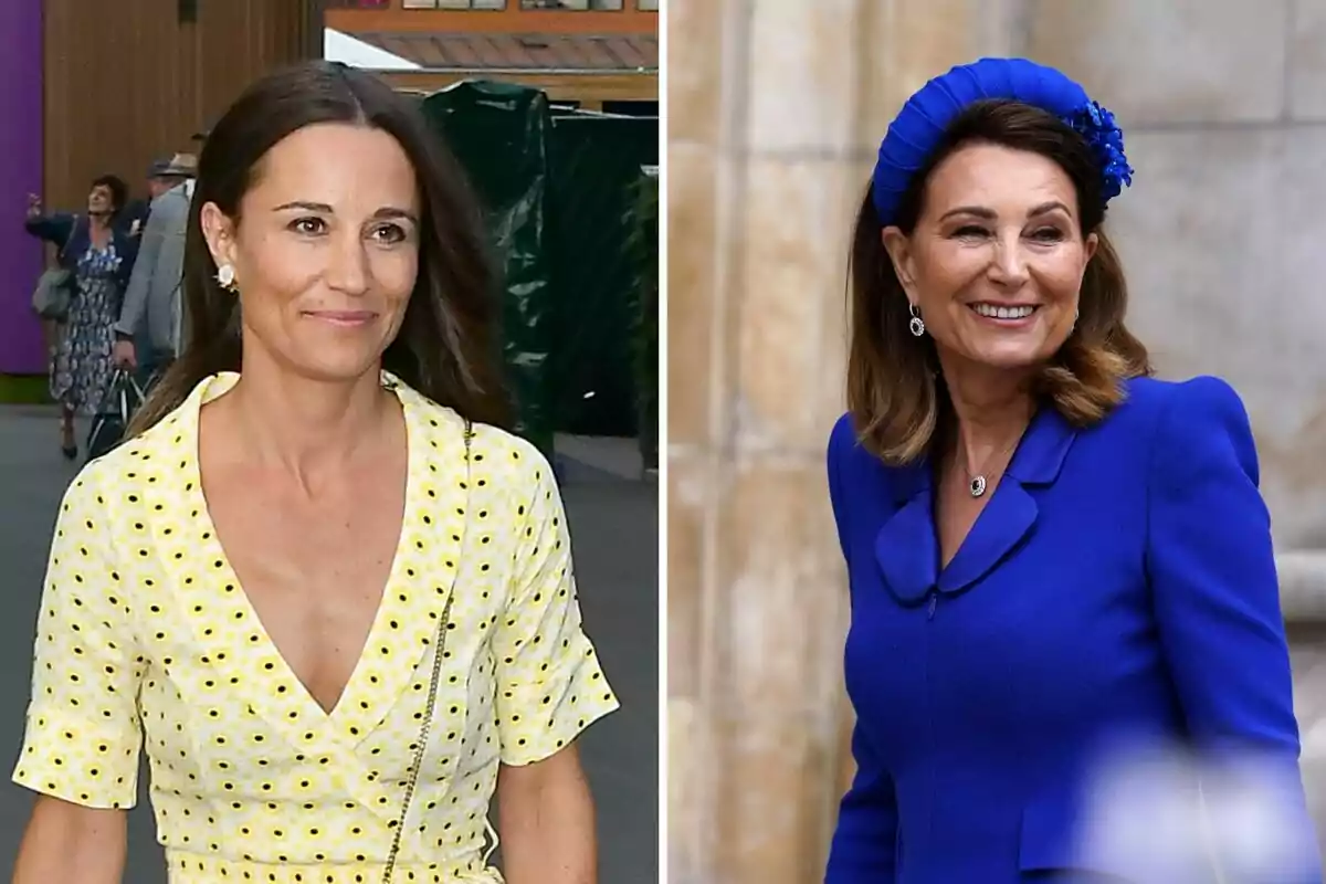 Pippa Middleton and Carole Middleton smiling, one in a yellow polka dot dress and the other in a blue suit with a matching headpiece, pose in different settings. Pippa Middleton and Carole Middleton smiling, one in a yellow polka dot dress and the other in a blue suit with a matching headpiece, pose in different settings.