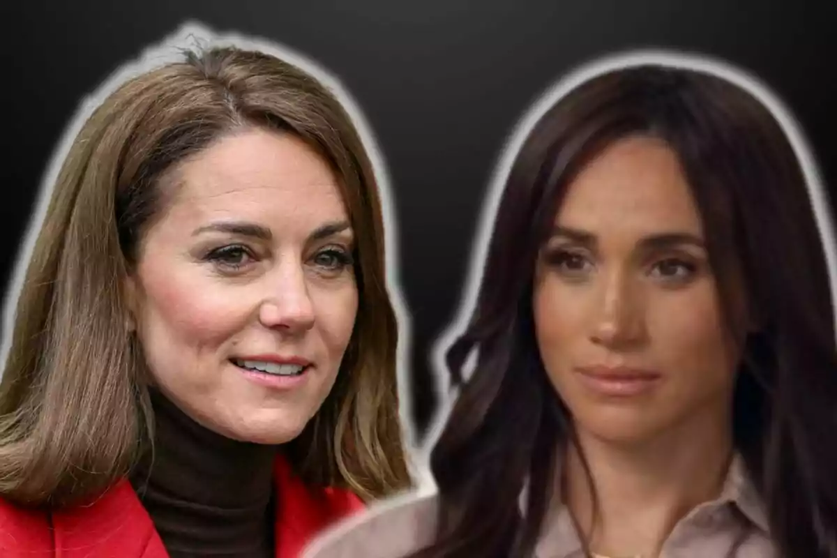 Kate Middleton and Meghan Markle with serious expressions against a dark background.