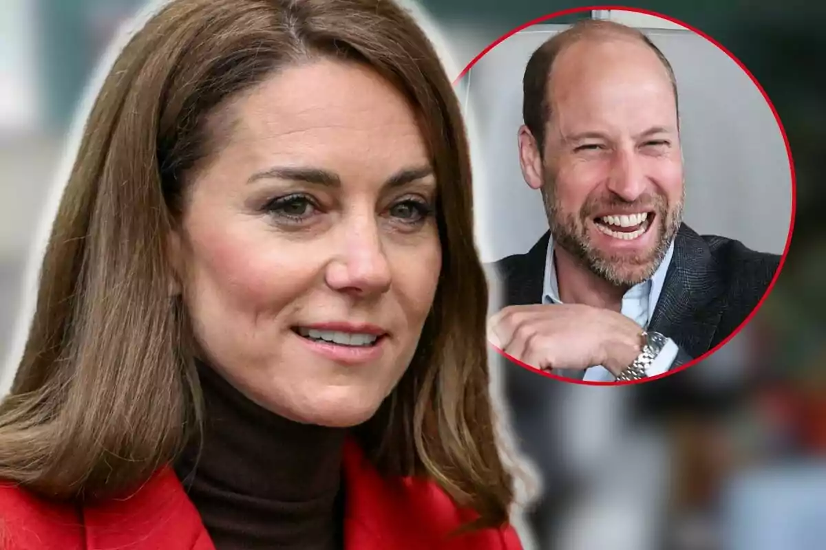 Kate Middleton and Prince William laughing in a circular frame. Kate Middleton and Prince William laughing in a circular frame.
