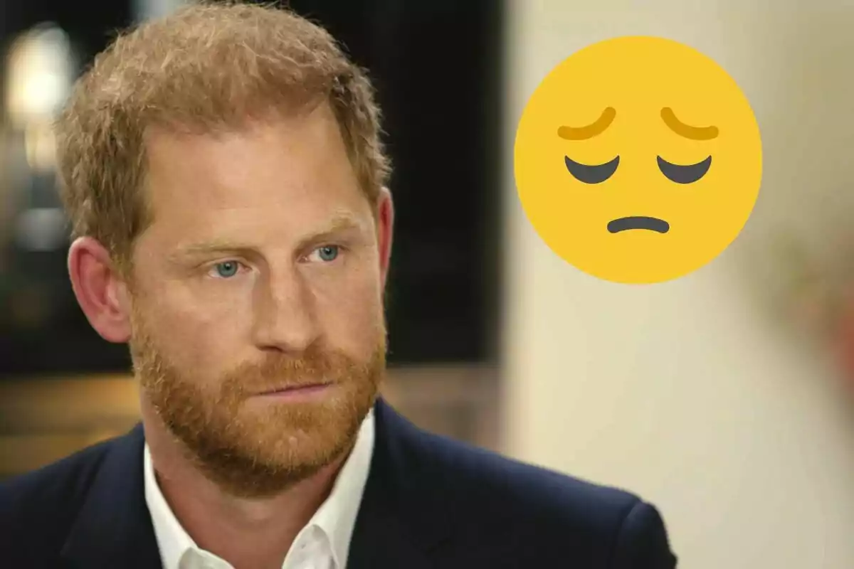 Prince Harry with a red beard and a serious expression, accompanied by a sad emoji.