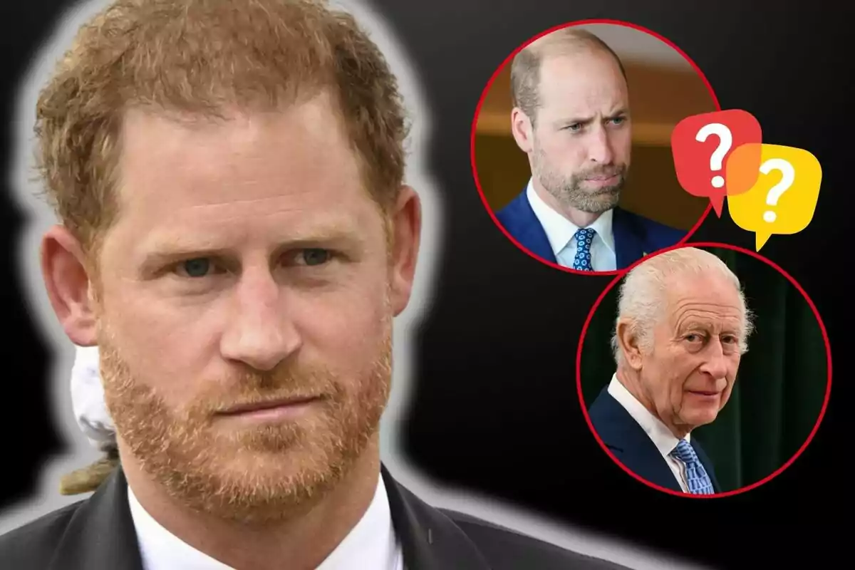 Prince Harry in the foreground, with Prince William and Charles III in red circles in the background, one with a serious expression and the other older, alongside icons of question marks.