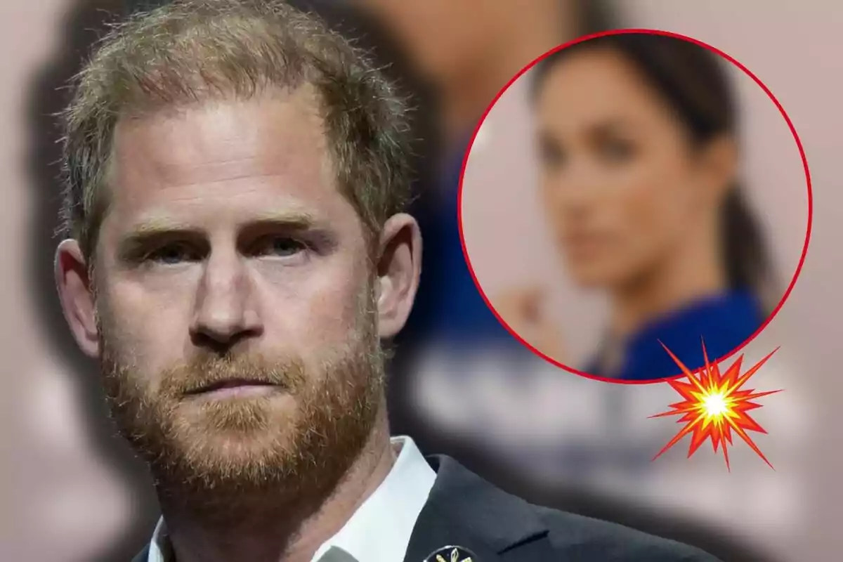 Prince Harry appears in the foreground while Meghan Markle, blurred, is shown in a red circle in the background. Prince Harry appears in the foreground while Meghan Markle, blurred, is shown in a red circle in the background.