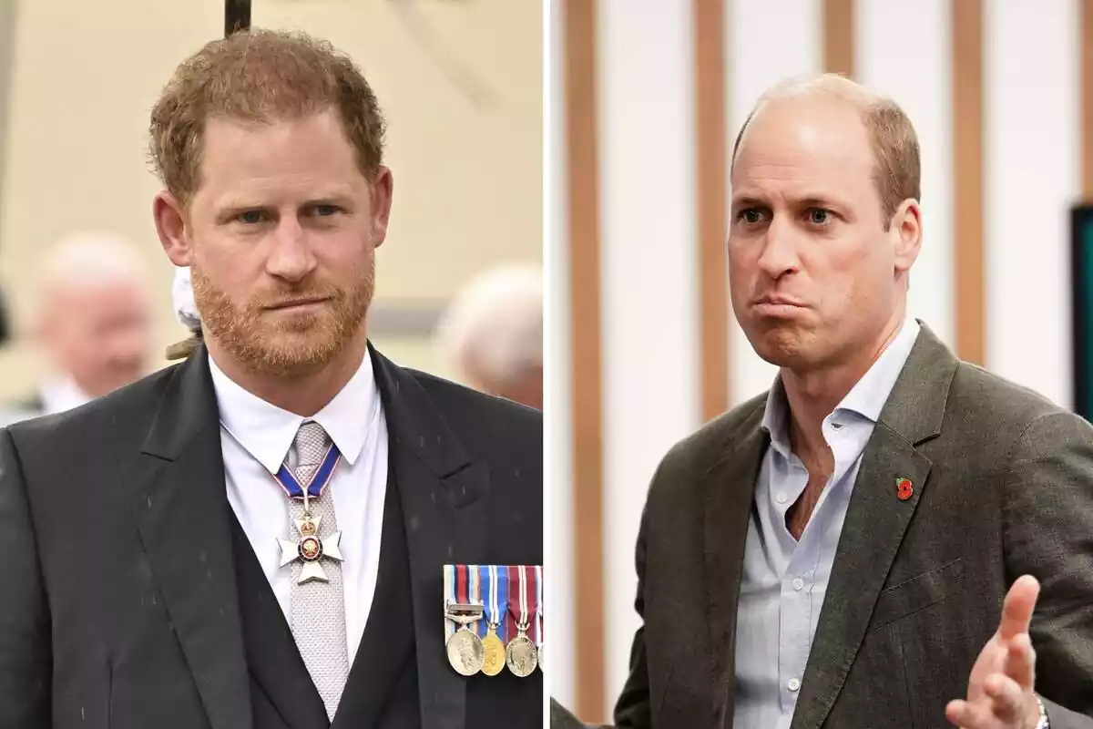 Montage of Prince Henry serious with the medals in his jacket and Prince William with a surprised face