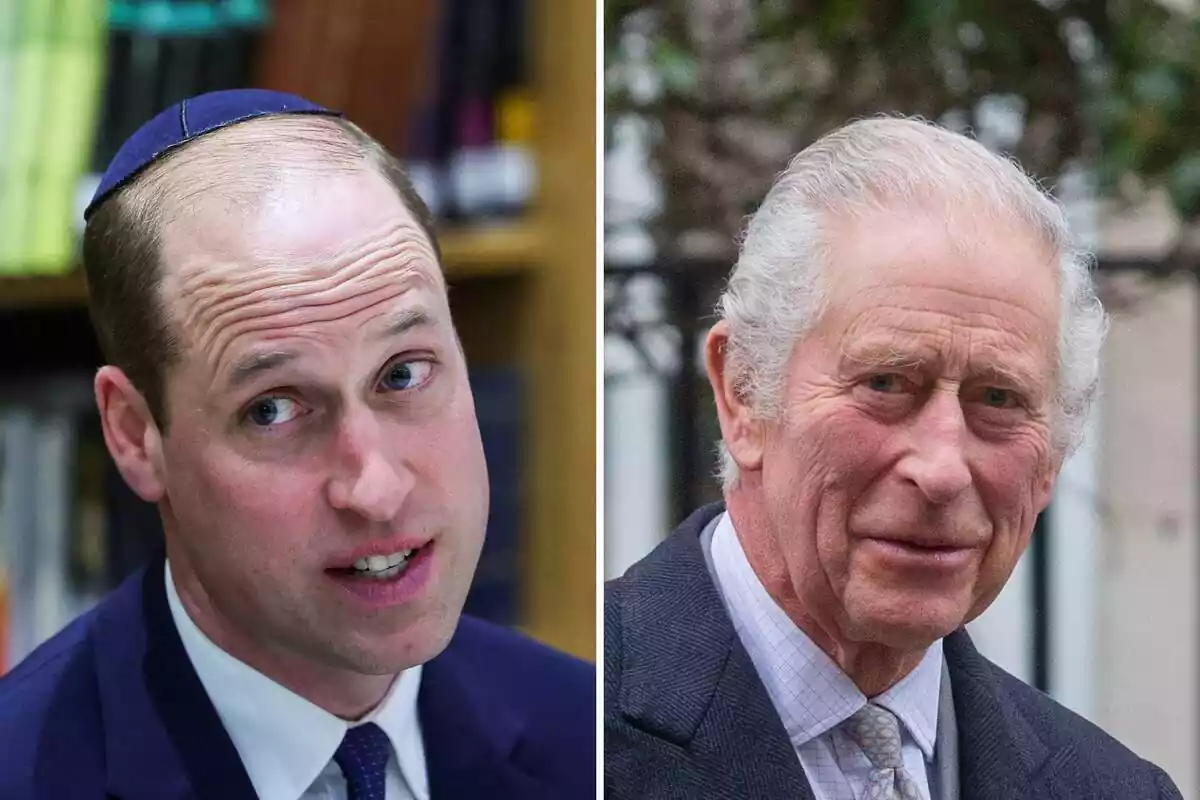 Montage of Prince William with his head crooked and King Charles III smiling Montage of Prince William with his head crooked and King Charles III smiling