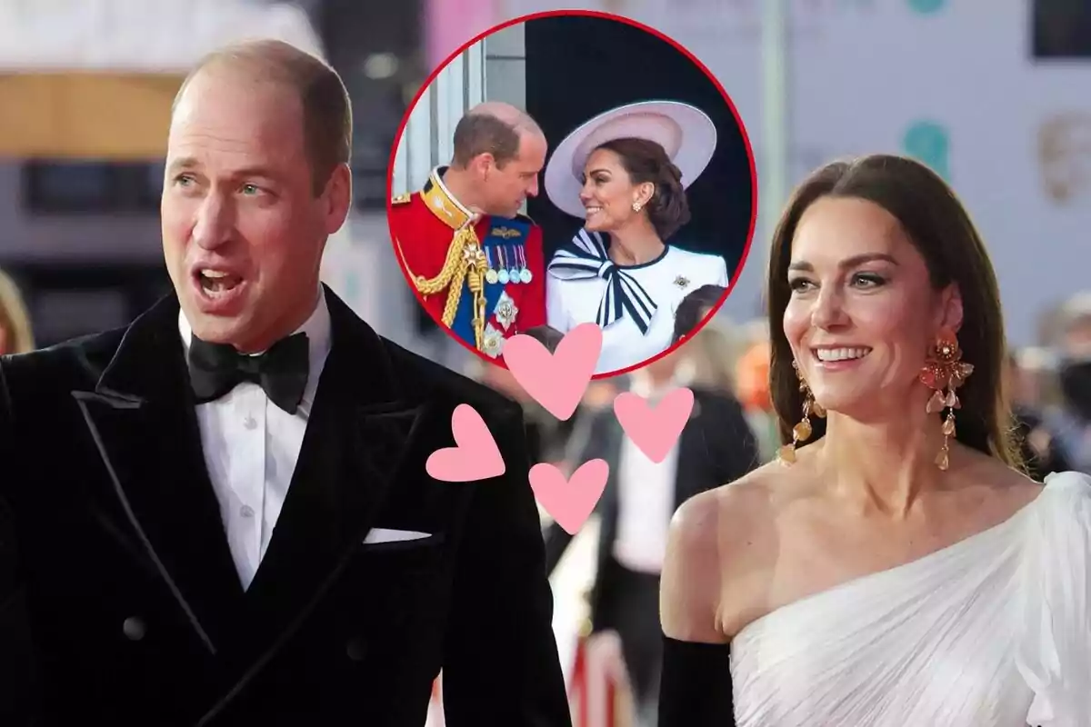 Prince William and Kate Middleton elegantly dressed at an event, with a circular image overlaid showing a loving moment between them, surrounded by pink hearts. Prince William and Kate Middleton elegantly dressed at an event, with a circular image overlaid showing a loving moment between them, surrounded by pink hearts.
