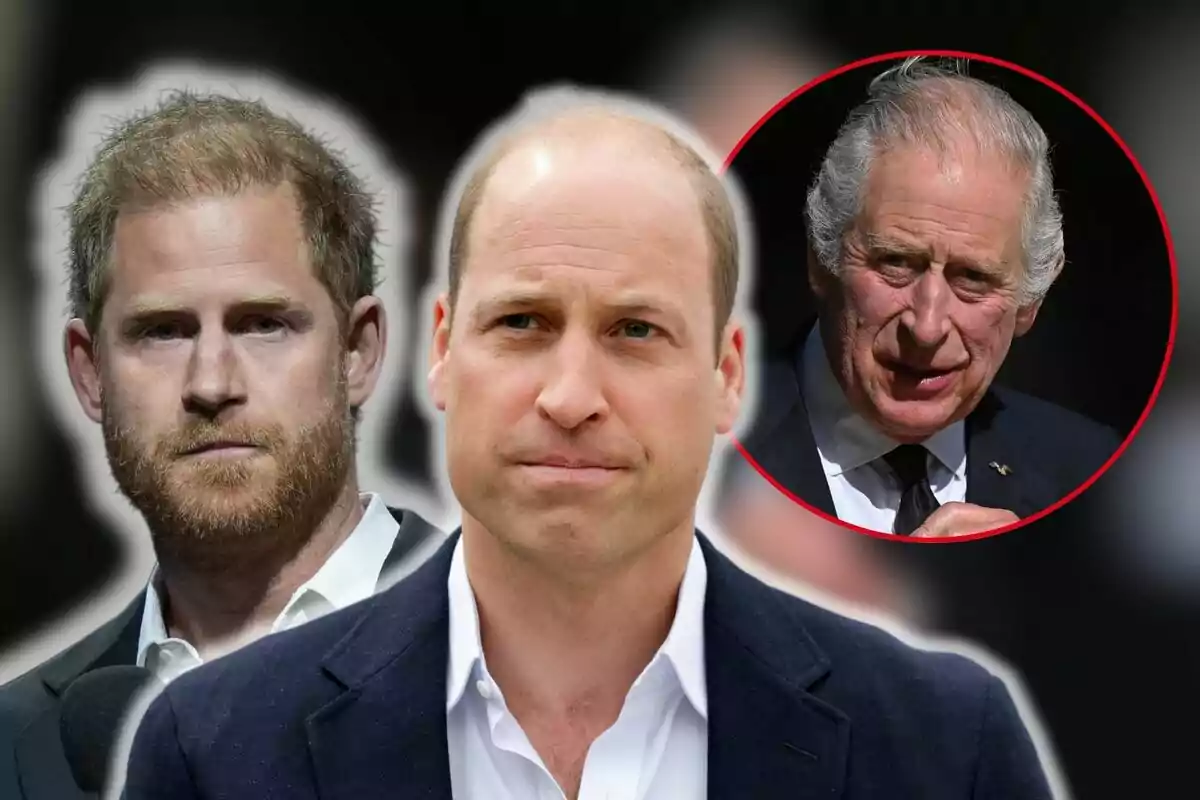 Prince Harry, Prince William, and Charles III in a photo montage, with one of them in a red circle.