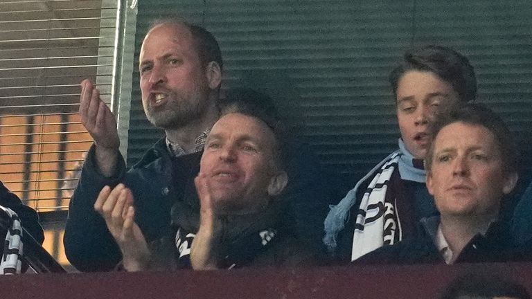 Prince William gestured animatedly to the Aston Villa vs PSG game sitting besides his son.
Pic: PA